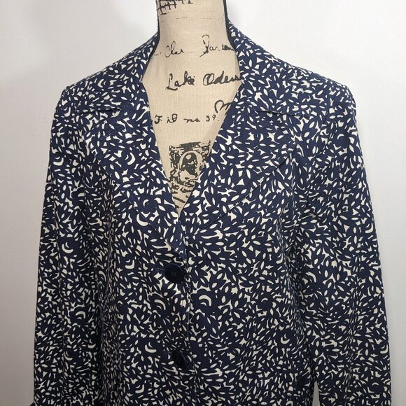 Talbots Floral Print Trench Coat Navy Blue White Lined Button Size 12 - Picture 2 of 11